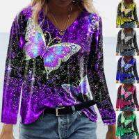 【JH】 2021 wish AliExpress European and autumn winter new butterfly V-neck long-sleeved printed T-shirt top womens