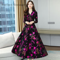 Autumn New Arrival High Quality Elegant V Collar Long Sleeve Printed Women Chiffon Long Dress