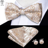 Hi-Tie Gold Beige สีส้มสีน้ำตาลผ้าไหม Mens Bow Tie Hanky Cufflinks ชุด Pre-Tied Butterfly Knot ปรับ Bowtie ชายคุณภาพสูง