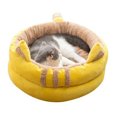 เตียงแมวการ์ตูนรอบสัตว์เลี้ยงแมวเตียงแมวบ้านเบาะข้นแมวนอนเตียงป้องกันการลื่นไถลลูกแมวครึ่งล้อมรอบ/เปิดเตียง