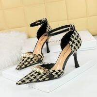 8323-9 Korean Banquet Hollow High Heels Checkered Thousand Bird Plaid Pearl Metal Chain with Sandals Female