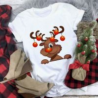 เสื้อยืดผ้าฝ้าย เสื้อยืดคริสต์มาสChristmas Party Merry Christmas Womens Reindeer T-shirt Harajuku Fashion Women Short S  08F7