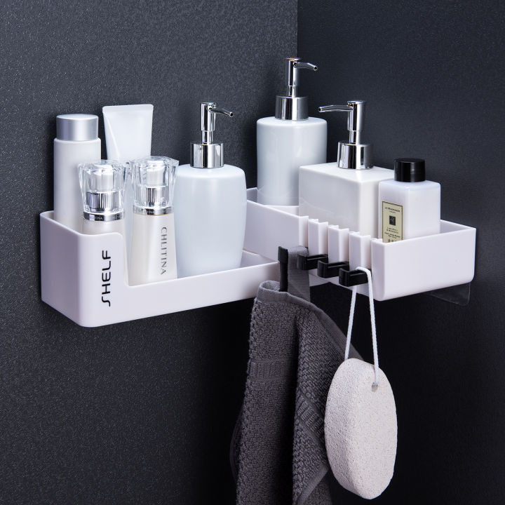 new-bathroom-corner-shelf-shower-shampoo-organizer-rotatable-without-drilling-with-4-hooks-for-bathroom-basket-wall-shelves