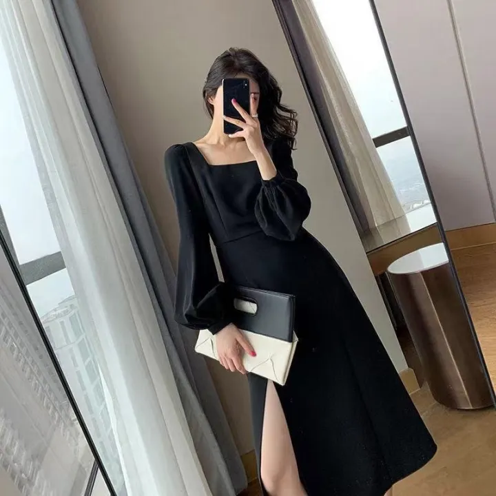 TOP※ plain black long dress plus size dress for woman casual cocktail dress  semi formal dress elegant puff sleeve dresses for women korean slit dress |  Lazada PH