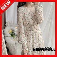 NEW MALL Korean Style Long-Sleeved Waist-High Dress V-Neck Dress Floral Chiffon Dress