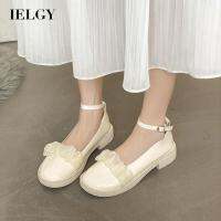 IELGY  Women S Pearl Chunky Heel รองเท้าหนังฝรั่งเศส