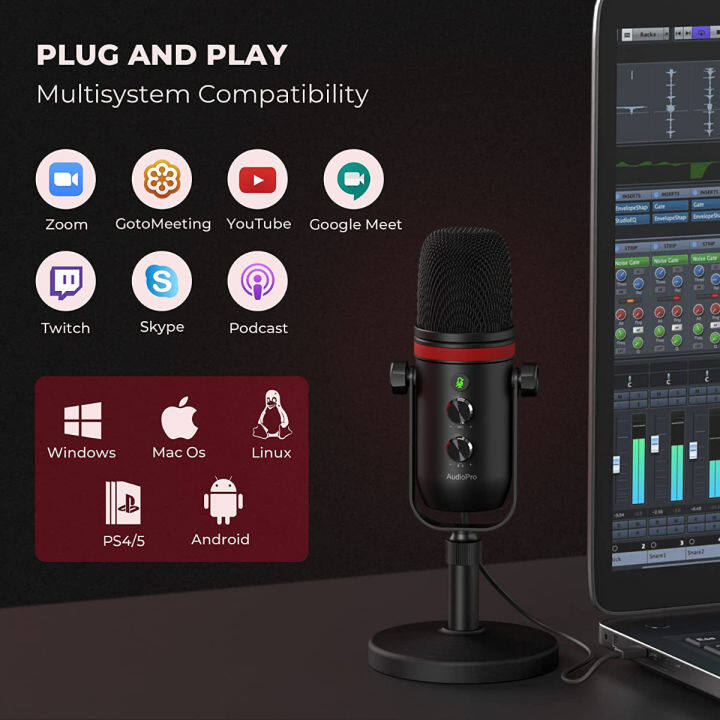 audiopro-usb-microphone-computer-condenser-gaming-mic-for-pc-laptop-phone-ps4-5-headphone-output-volume-control-usb-type-c-plug-and-play-led-mute-button-for-streaming-podcast-studio-recording