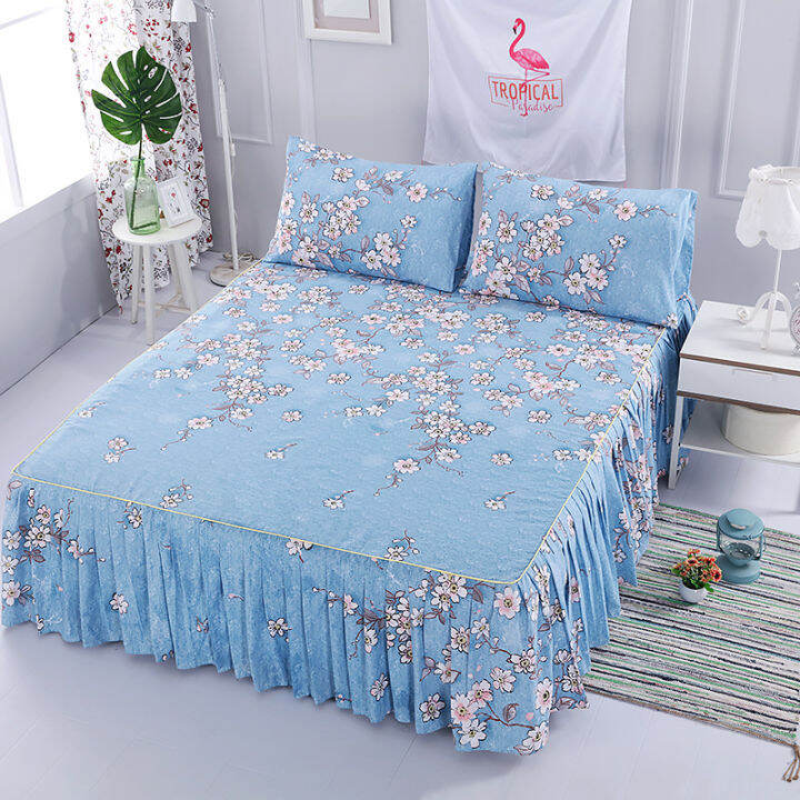 3pcsset-korean-brushed-printed-bed-skirt-bed-cover-student-dormitory-non-slip-sheet-cover-bedroom-3d-lace-bed-skirt-bedding