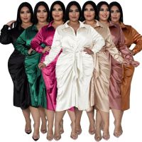 Jubah Sutra Lengan Panjang Kerah Elegaun Midi ซาติน Untuk Wanita Gaun Kemeja Ruched Sutra Reflekesta Pesta Klub Malam Seksi Berenda