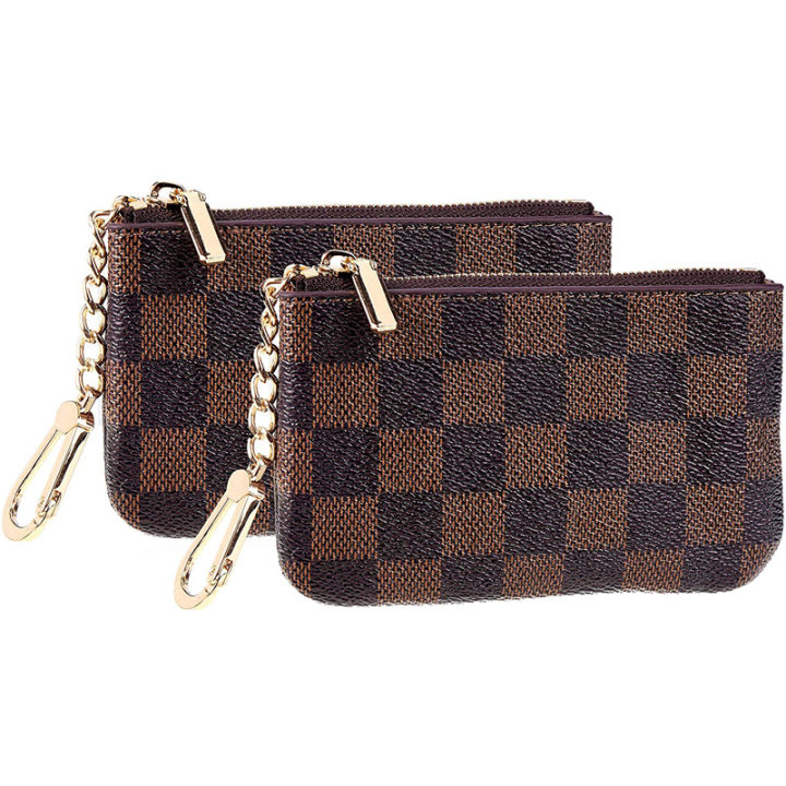 Luxury Checkered Zip Coin Pouch Purse Change Holder Wallet with Key Chain