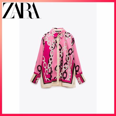 Zara ใหม่ เสื้อเชิ้ตแขนยาว คอปก ผ้าเดรป พิมพ์ลายโซ่ สําหรับผู้หญิง 9113