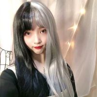 MANWEI 66CM Lolita Long Wavy Bangs Black Mixed black White Half Cute Ombre Party Synthetic Hair Cosplay Wig Gift ของขวัญ