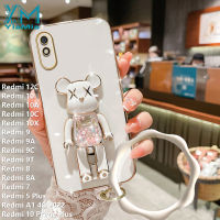 YiaMia เคสโทรศัพท์แบบนิ่มสำหรับ Xiaomi Redmi 9 / 9A / 9C / 9T / 12C / 10 / 10A / 10C / 10X / 8 / 8A / 7 / 10 Prime Plus/ 5 Plus / A1 4G 2022เคสโทรศัพท์ TPU นุ่มโลหะด้วยไฟฟ้ารูปหมีและกำไลข้อมือสำหรับเคสมือจับสำหรับโทรศัพท์มือถือหมีมีแฟลชสีชมพูน่ารักแฟชั่น