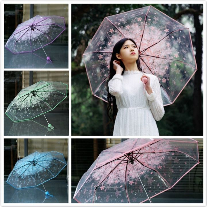 ร่มกันฝนกันแดดแบบใสร่มใสลายดอกเชอร์รี่ป้องกันรังสียูวี3พับร่มหุบร่มซากุระผู้หญิงหญิงสาว