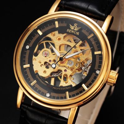 Sewor Business Brand Fashion Skeleton Steel Leather Men Male Clock Mechanical Hand Wind Military Wrist Luxury Sport Watch Gift