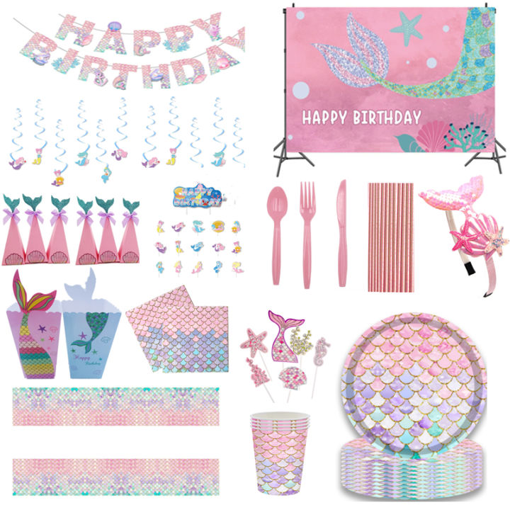little-mermaid-theme-party-supplies-tableware-ถ้วยแผ่นผ้าเช็ดปาก-mermaid-gift-girls-mermaid-birthday-party-decorations