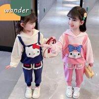 WANDER เสื้อฮู้ดเด็กญ การ์ตูนแมวเคทีน่ารัก เสื้อฮู้ดลำลองสองชิ้นสำหรับเด็กผู้หญิง23724