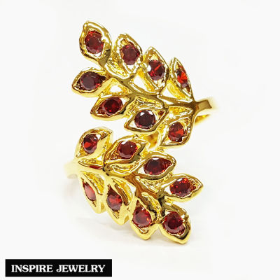 Inspire Jewelry ,แหวนช่อมะกอก แซปไฟร์สีส้ม  ตัวเรือน หุ้มทองแท้ 100% 24K สวยหรู  พร้อมกล่องกำมะหยี่