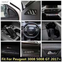 “{》} ชุดตกแต่งภายในลายคาร์บอนไฟเบอร์สำหรับถ้วยน้ำ Peugeot 3008 5008 GT 2017-2022อุปกรณ์เสริมฝาครอบที่จับชามประตู