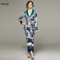 Fashion Suit Suit Collar Printed Shirt Two-Piece Casual High Waist Straight Wide Leg Pants