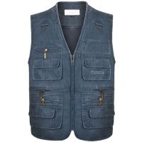 Plus Size 6XL 7XL Male Casual Summer Cotton Denim Vest Mens Sleeveless Jacket Multi Pocket Photograph Waistcoat chaleco hombre