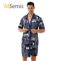 Mens StripedLetter Print Satin Robes Sleepwear Open Front Bathrobe Short Sleeve Belted Night-robe Nightwear Sleep Loungewear