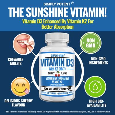 Simply Potent Vitamin D3 K2 (MK7) , 90 Chewable Tablets ,
