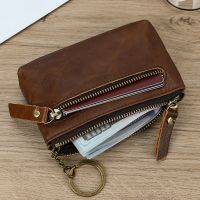 ☏◈ Little Coin Purse Genuine Leather Real Cowhide Mens Leather Short Wallet Mini Purse Men Women Key Wallet Card Zip With Key Ring