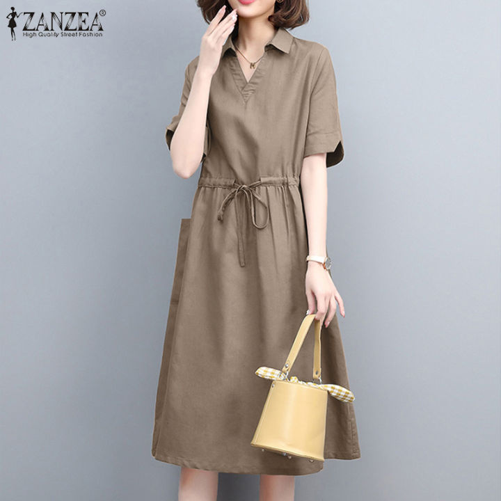 ZANZEA Womens Summer Short Sleeve Collared V Neck Drawstring Waist ...