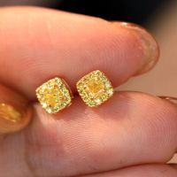 LUOWEND Real 18K Yellow Gold Earrings Yellow Diamond Earring Engagement Party Jewelry Classic Square Design