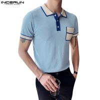 ✾□ Incerun เสื้อโปโล แขนสั้น ผ้าถัก ลําลอง สีตัดกัน