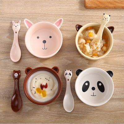 Vajilla посуда Childrens Bowl Anti-Fall Anti-Scalding Ceramic Cartoon Cute Kids Home Eating Bowls Tableware Baby Spoon Set