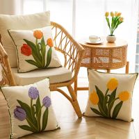 Tulip Orchid Embroidered Cushion Cover Wild Floral Pillow Cover 45*45 Soft Canvas Home Decor Cushion Cover Living Room Bedroom Homestay