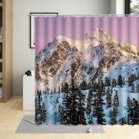 Winter Shower Curtain Snow Mountain Forest Farmhouse Sunset Snowfield Scenery Bathroom Decor Polyester Cloth Curtains Hooks Sets
