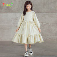 Ruffle Hem Cotton Dress for Girls Midi Casual Spring Autumn Girls Clothing Elegant Square Neck Solid Children Vestidos 6-16 T