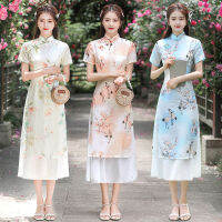 Tian Si Ao Dai Chiffon 2023ใหม่สองชั้นยาวชุดกี่เพ้าประจำวันฉบับปรับปรุงชุดเยาวชนสไตล์จีน