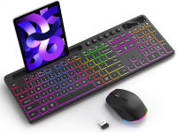 Wireless Keyboard and Mouse Combo with Backlit - Soueto Full Size Ergonomic Keyboard with Phone Tablet Holder, 2.4GHz Lag-Free Silent Computer Mouse for PC, Laptop, MacBook, Windows