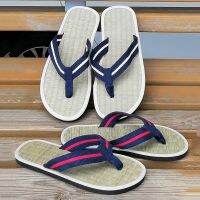 ☎۞✢ Women Slippers Grass Mat Weave Flat Slippers Comfortable Non Slip Sandals Silent Rattan Flip Flops Stripe Strap Casual Slippers