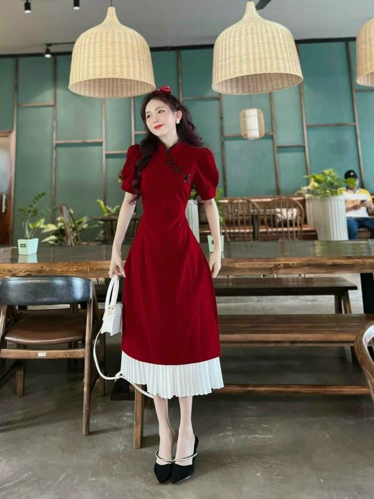 Áo dài cách tân vải gấm đỏ kèm chân váy  Bán sỉ thời trang mỹ phẩm