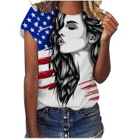 Stars and Stripes Element Printed Girls T-shirts USA National Day Commemorative Tee Womens Fashion Oversized Short Sleeve Tops