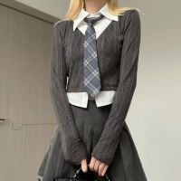 ✚✶■ Vintage Academy Style Fake Two-Piece Tie Short-Sleeved Shirt American Style Simple Casual All-Match Slim Look Top