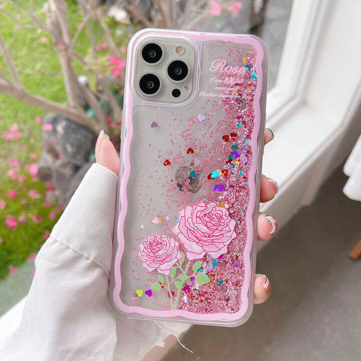 dynamic-quicksand-cute-pink-flower-phone-case-for-13-12-mini-11-pro-max-6s-7-8-plus-x-xr-xsmax-liquid-glitter-coque-cover