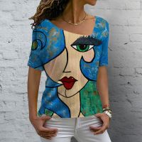 【HOT】◐☃ V Neck Womens Oversize Print Shirt Loose Female Tee Streetwear Short Sleeve S-5XL