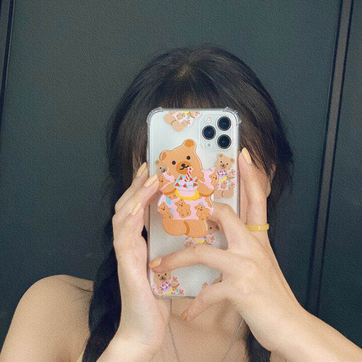 griptok-ติดศัพ์มือถือลายน้องหมีสีน้ำตาลถือเค้ก-popsocket-ติดมือถือสไตล์เกาหลี