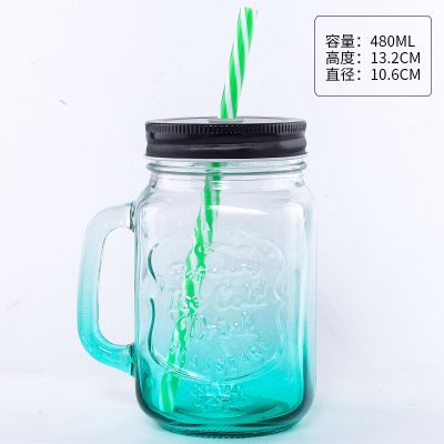 【CW】▨  gradient square 480ml 500ml 16oz mason glass mug jar with handle iron lid and plastic straw
