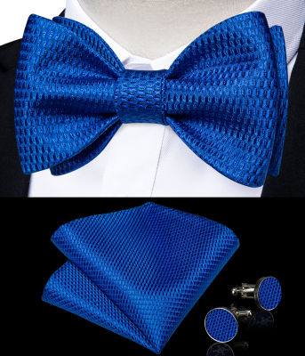 Royal Blue Men Bowtie Pocket Square Cufflinks ชุดสำหรับชายอุปกรณ์เสริมงานแต่งงานทุกวันสวมใส่ผ้าไหมผีเสื้อโบว์เนคไทของขวัญ