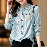 เสื้อเชิ้ต Ladys Embroidered Kitten Top Womens Korean New Spring Long Sleeve Blouse เสื้อเชิ้ต Stripe Blue A189