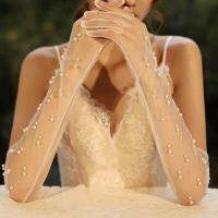 ❒ Long Wedding Gloves Bridal Sheer Tulle Gloves DIY For Bride Ivory Pearls Decoration Finger Bridal Party Gloves Beaded Gloves