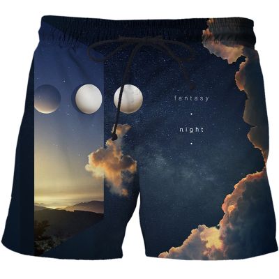 New Night view Summer Men Beach Funny Casual Swim Shorts moon Printed Mens Shorts Male 3D Fashion Street Shorts Men clothing