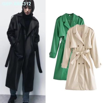 ZARAˉ UR COS Womens Europe And The United States With Black PU Imitation Leather Belt Long Sleeve Trench Coat Lapels 4432816